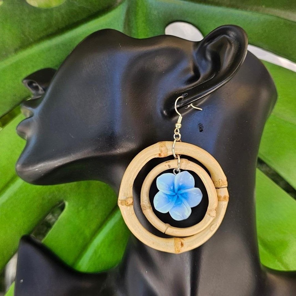 Double Bamboo Hoop Earrings Blue Plumeria Flower Tiki Hawaiian Retro Dangle